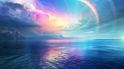 A vibrant seascape featuring colorful clouds, a rainbow, and serene waters reflecting the sky's hues.