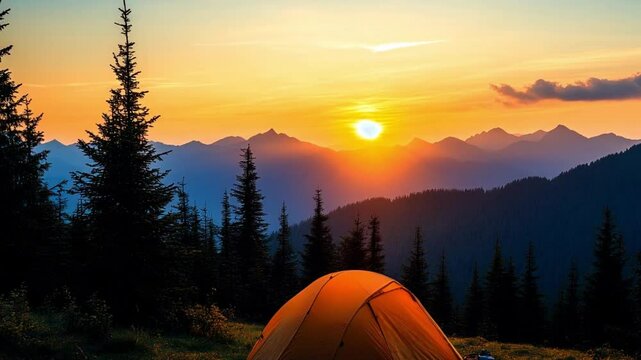A tent is set up on the grassy slopes of mountains, with trees and pines in the background