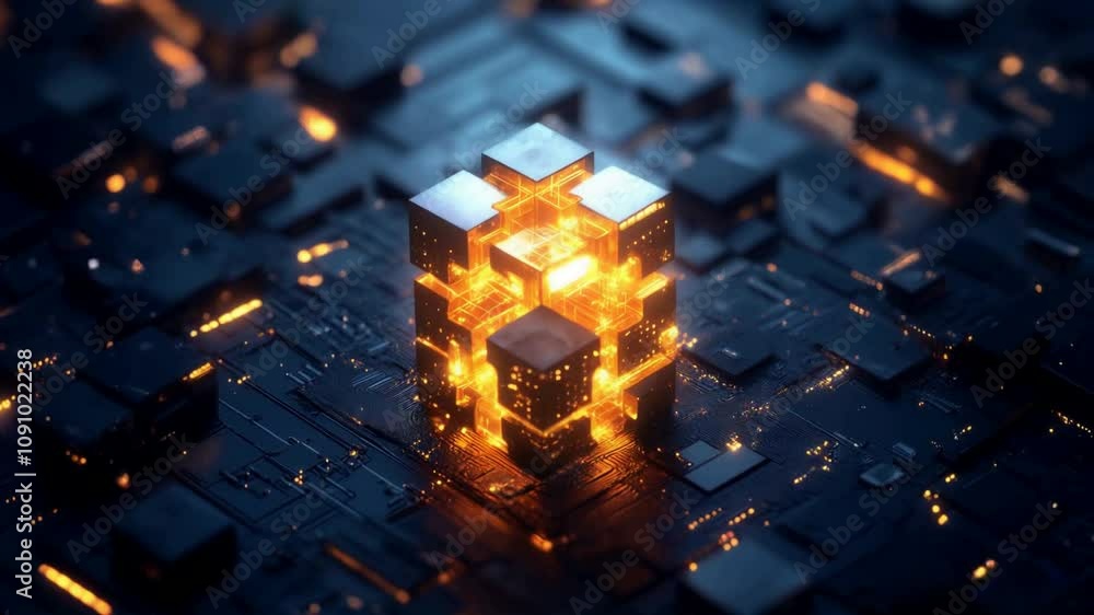 Poster abstract futuristic technology background with glowing puzzle pieces forming an illuminated cube on 
