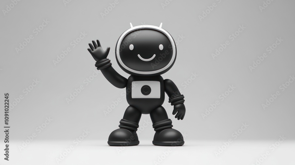 Aufkleber a cheerful black and white robot character waving, designed for playful or tech-related themes.