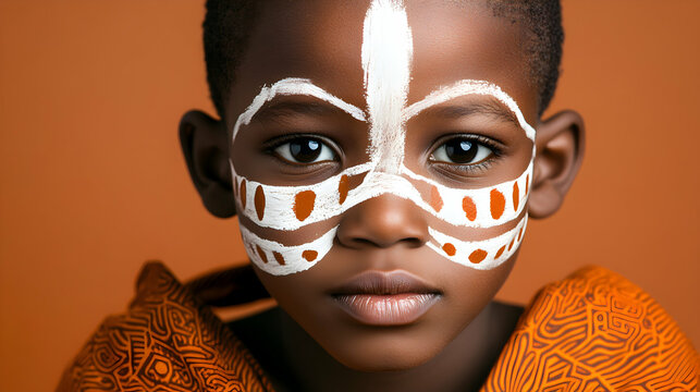 Close up portrait of a young sudanese boy showcasing traditional face paint and tribal clothing against a warm orange backdrop, representing rich cultural heritage