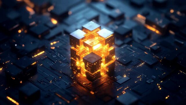 Abstract futuristic technology background with glowing puzzle pieces forming an illuminated cube on a dark blue digital circuit board, a 3D rendering illustration of a business network connection stru