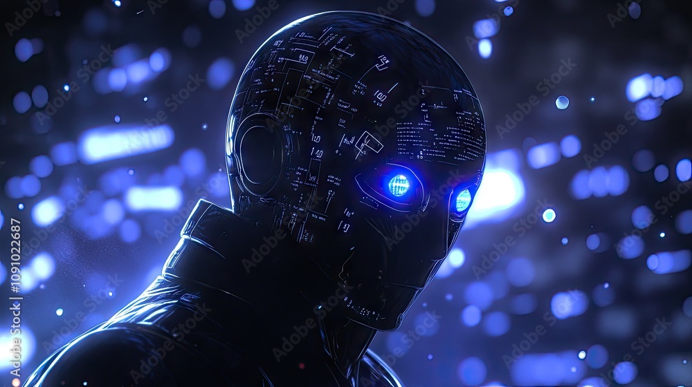 Aufkleber a humanoid robot with glowing eyes, deep in thought, as holographic equations and data float around 