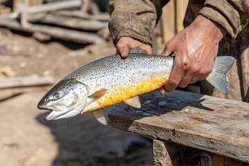 Obraz premium A person holds a freshly caught trout, showcasing its vibrant colors and details, against a rustic outdoor backdrop.