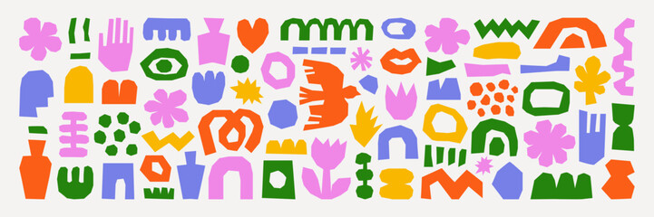 Trendy vector abstract cut out pieces. Paper cutouts. Hand drawn modern design for card, print on clothes. Creative collage on transparent background