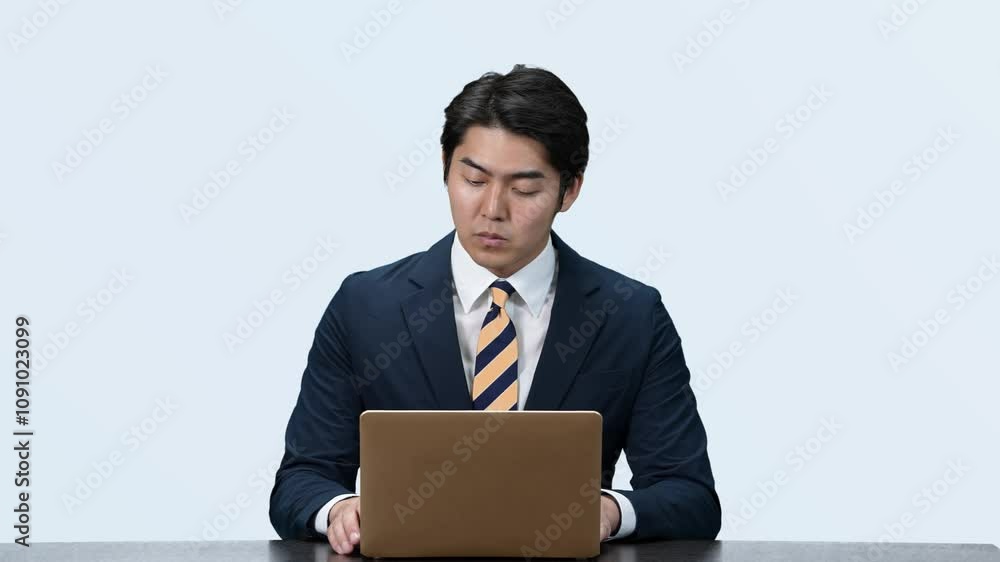 Fototapete デスクワーク、男性、ビジネスパーソン、ノートパソコン、PC、DX、事務、業務、仕事、デスク、職場、オフィス、タイピング、検索、真面目、シリアス、真剣、エンジニア、システム、開発、日本人、ビジネスマン、サラリーマン、会社員、スーツ、編集、働く、人材、情報、ソフト、デジタル、データ、リサーチ、調査、マーケティング、SE、web、インターネット、オンライン、バックオフィス、ビジネス、ストレス、動画、ニュ