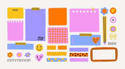 Vector cute illustration of a set of notes,  stickers, paper blanks with place for text. Hand drawn collection for reminders, to do list, planner, schedule. © bosotochka