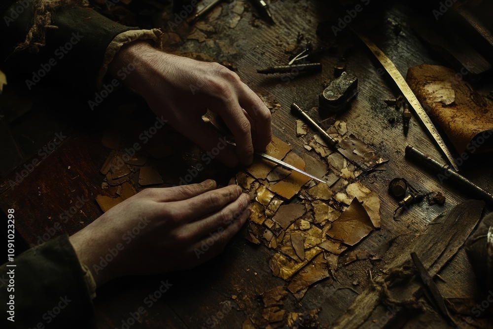 Poster a close-up of hands working with various materials on a wooden table.