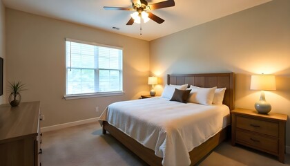A cozy bedroom with a large bed, a ceiling fan, and a window with blinds. The room has warm lighting and a neutral color scheme