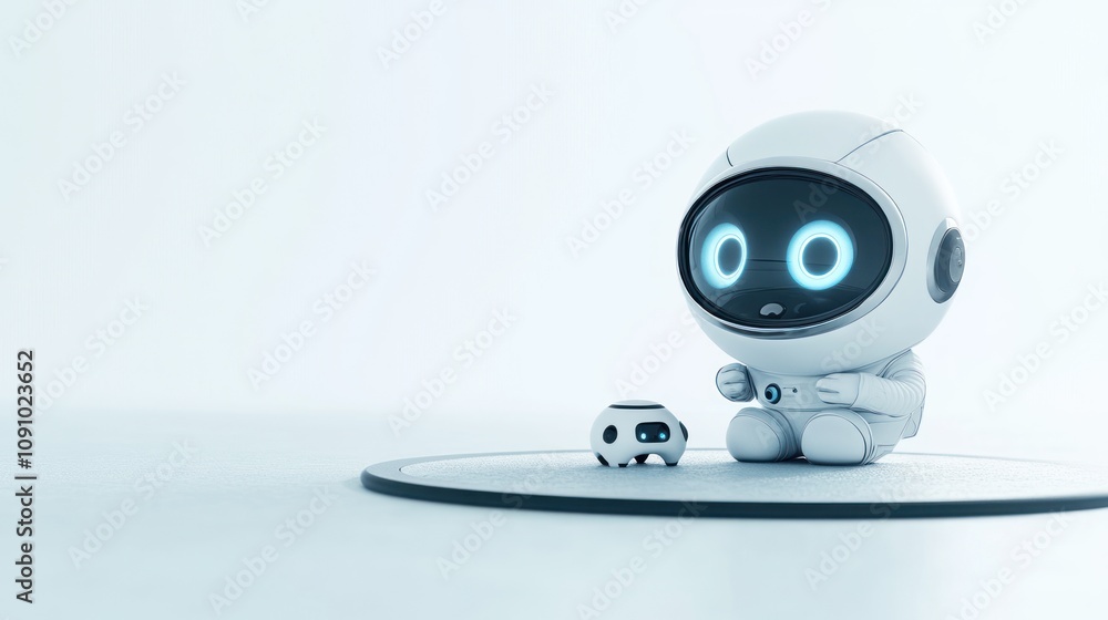 Aufkleber A cute robot character with glowing eyes sits beside a smaller robot in a minimalistic setting.