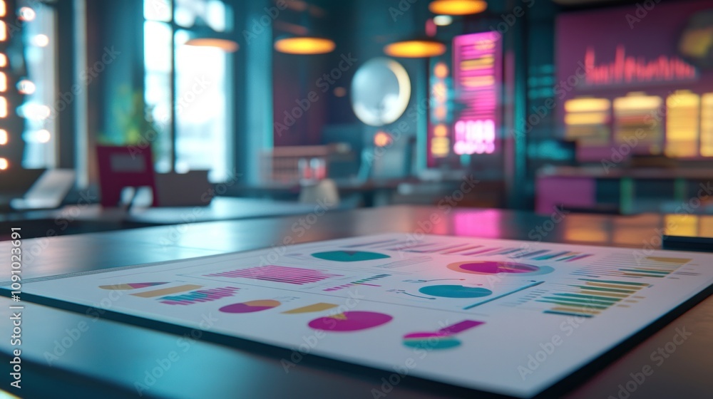 Poster A modern workspace featuring colorful data visualizations on a table.