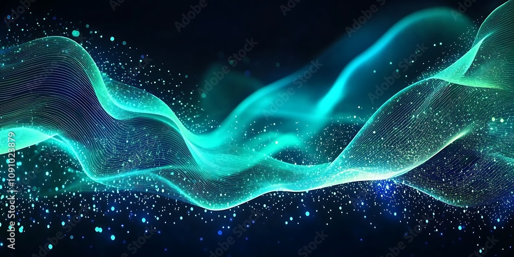 Poster vibrant abstract waves of teal and green light with sparkling particles, generative ai