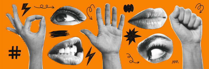 Contemporary art collage with with hands and lips. Female halftone lips with tongue and piercing.Trendy vector pieces. Creative collage for social media, card, print on clothes. © bosotochka