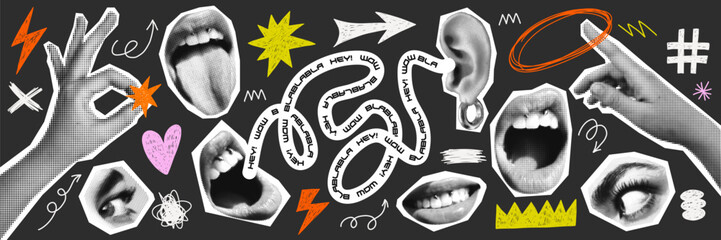 Contemporary art collage with with hands and lips. Female halftone lips with tongue and piercing.Trendy vector pieces. Creative collage for social media, card, print on clothes. © bosotochka