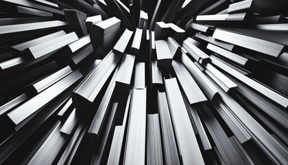 Abstract image of numerous black and silver rectangular shapes, creating a dynamic, upward-pointing composition. Ideal for technology, architecture, or data visualization.