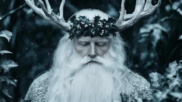 Korochun god or Czorneboh in winter forest. Wiccan religion. Yule, pagan New Year, winter holidays. Ded Moroz, Father Frost. Fantasy slavic folklore character. Winter fairytale scene 