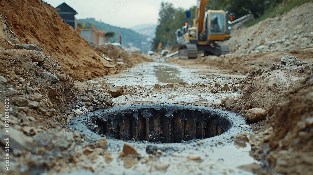 Poster Modern urban water drainage system with visible piping and engineered flow control mechanisms and side empty space for text Stockphoto style