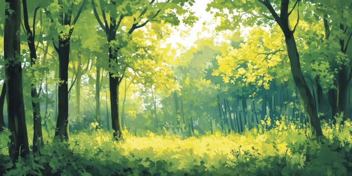Vibrant green and yellow flaglets stand out against a lush background of trees, creating a lively scene filled with color and natural beauty. The flaglets enhance the visual appeal of the trees.