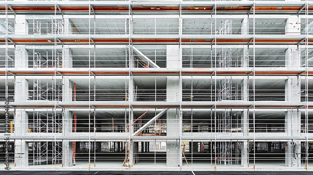Poster A multi-story parking structure under construction with visible scaffolding and steel frames and side empty space for text Stockphoto style
