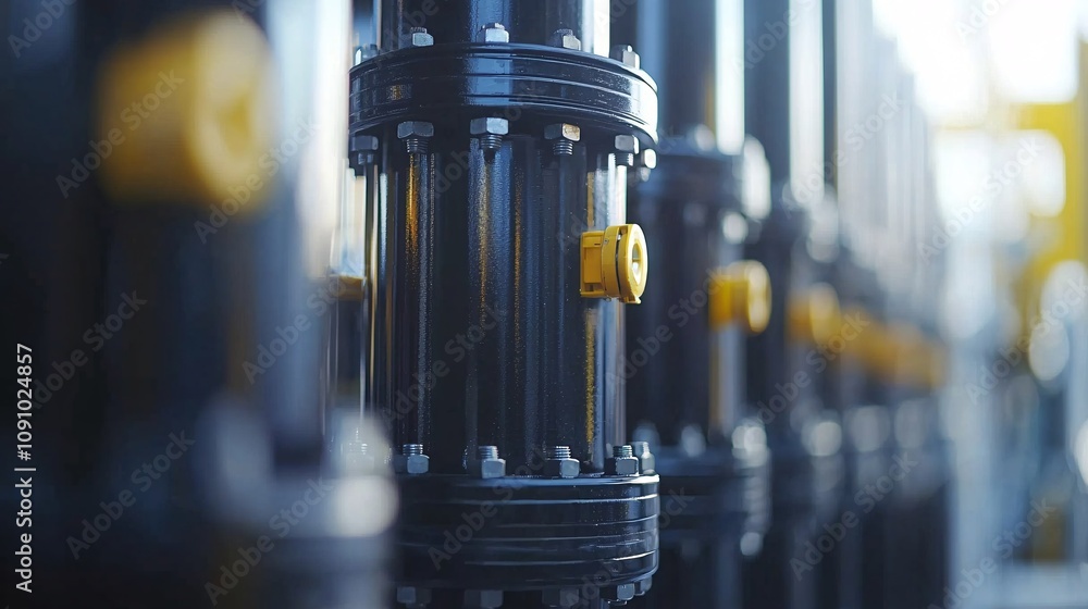 Fototapete Modern urban water drainage system with visible piping and engineered flow control mechanisms and side empty space for text Stockphoto style