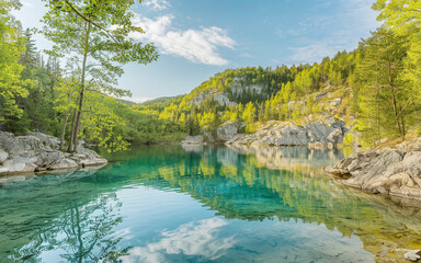 natural landscape featuring a pristine lake surrounded by lush greenery. A wooden footbridge arches gracefully over the water