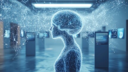 Visitors engage interactive touchscreen displaying dynamic neural pathways highlighting interactivity and modern technology neuro medical museum environment.