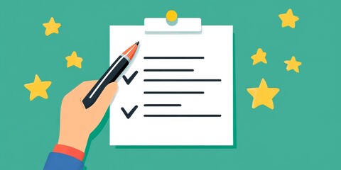 Customer highlights a pen towards the check mark box for feedback review, evaluating opinions on quality, ranking, and satisfaction with various products or services using rating metrics.