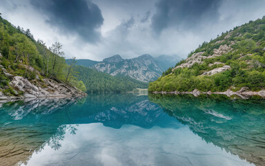 natural landscape featuring a pristine lake surrounded by lush greenery. A wooden footbridge arches gracefully over the water
