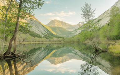 natural landscape featuring a pristine lake surrounded by lush greenery. A wooden footbridge arches gracefully over the water