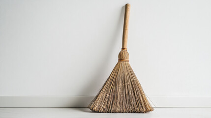 A traditional straw broom stands against a clean white wall, showcasing its natural materials and simple, rustic design in a minimalist setting.