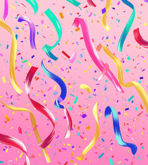 Obraz premium Party streamers, ribbons, and confetti on a pink background create a vibrant, festive ambiance for a birthday celebration.Copy space,flat lay