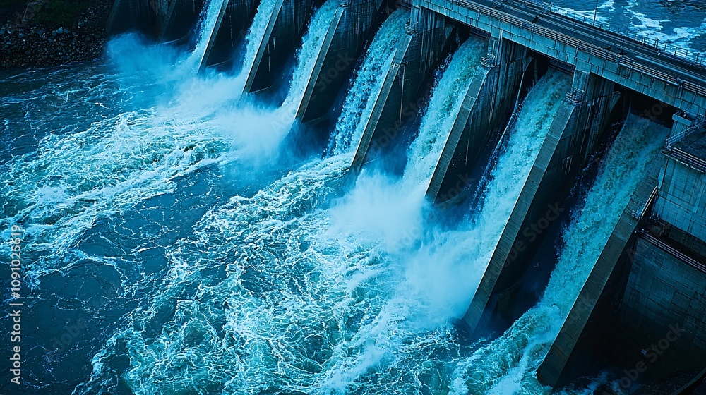 Poster Overhead view of a hydroelectric dam showcasing intricate engineering and water flow management with side empty space for text Stockphoto style
