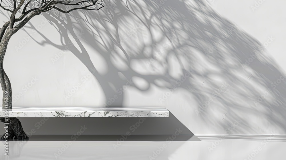Poster A white marble shelf with a tree shadow. Perfect for displaying products or showcasing minimalist designs.