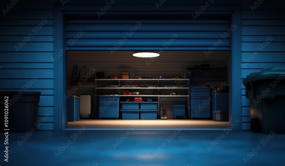 Poster a dimly lit garage with shelves and tools, suggesting a workspace for diy projects.