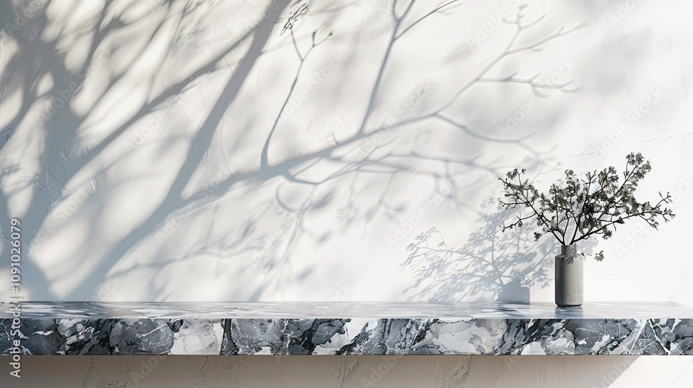 Poster Marble shelf with tree shadow. Ideal for showcasing products or displaying artwork.