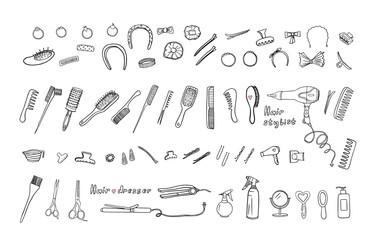 Set of hairdresser tools. Hair dryer, comb, hairbrush, hairpin, invisible, mirror, scissors, hairgrip, hair-slide,shampoo, curling iron. Stylist. Beauty salon. Hand drawn. Doodle style