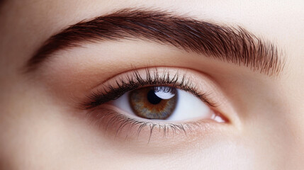 Close-up of a woman's eye with natural makeup, showcasing defined eyebrows and eyelashes, reflecting a serene and focused expression.