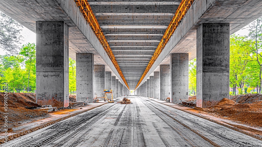 Aufkleber Detailed view of reinforced concrete structures during a highway construction project with visible tools and side empty space for text Stockphoto style