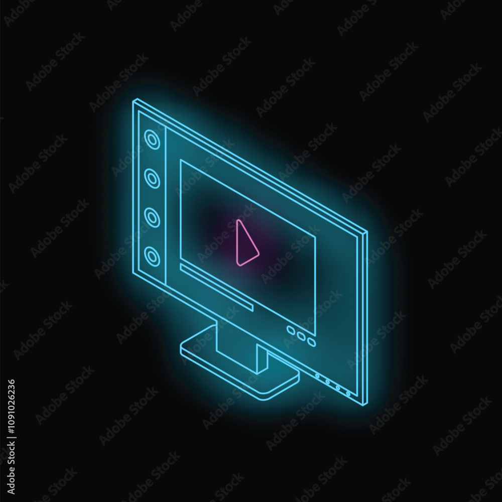 Poster neon computer monitor displaying video streaming platform interface with media player buttons and pl