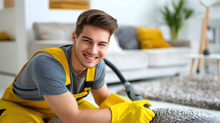 Smiling cleaning man, wearing a uniform, tidying and sanitizing indoor spaces. Cleanliness, hygiene, and professional cleaning services
