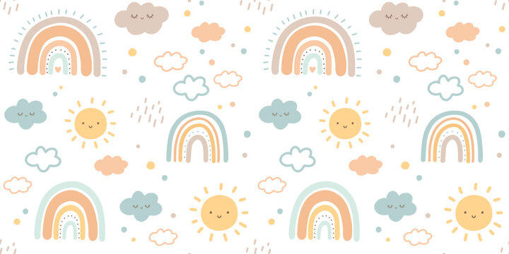 Fototapeta Baby seamless pattern with moon, sun and rainbow on white background in boho style for textiles or fabric for newborns