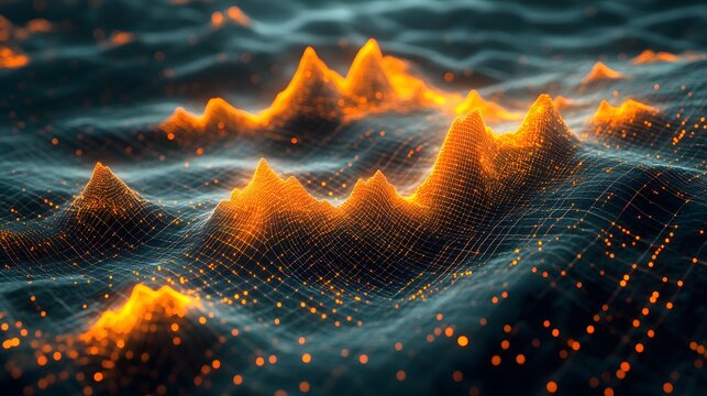 A futuristic 3D scatter graph with glowing points and a bold grid backdrop