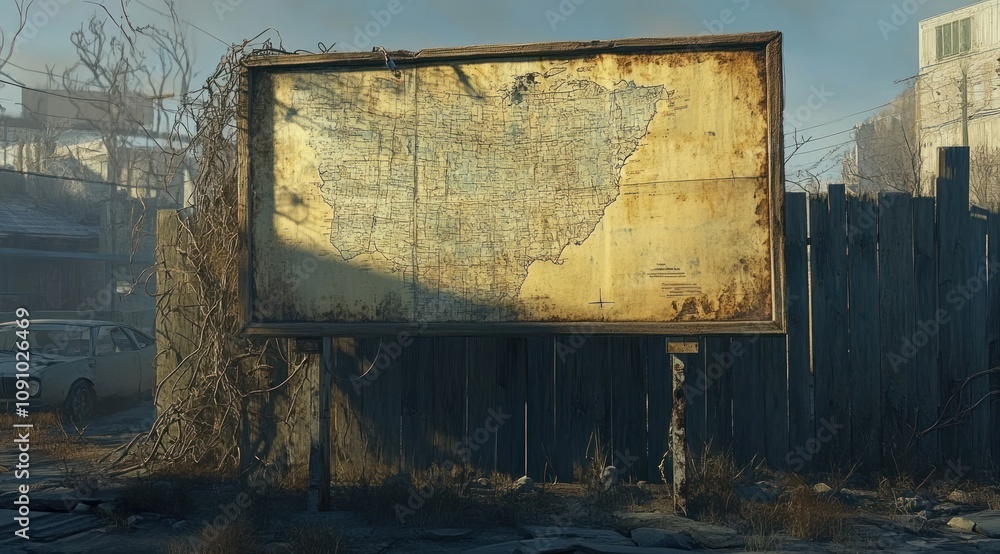 Poster A weathered map displayed on a sign in a desolate environment.