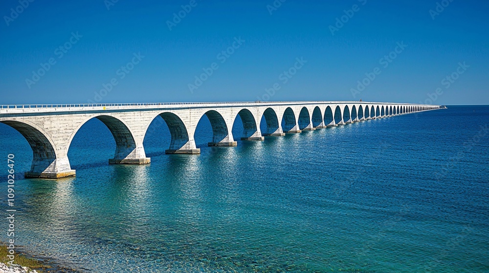 Poster coastal bridge stretching over a large body of water during its final phase of construction with sid