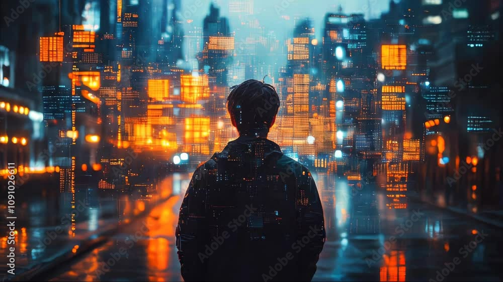 Poster a person standing at the entrance of a tunnel made of digital lights and patterns, symbolizing a jou