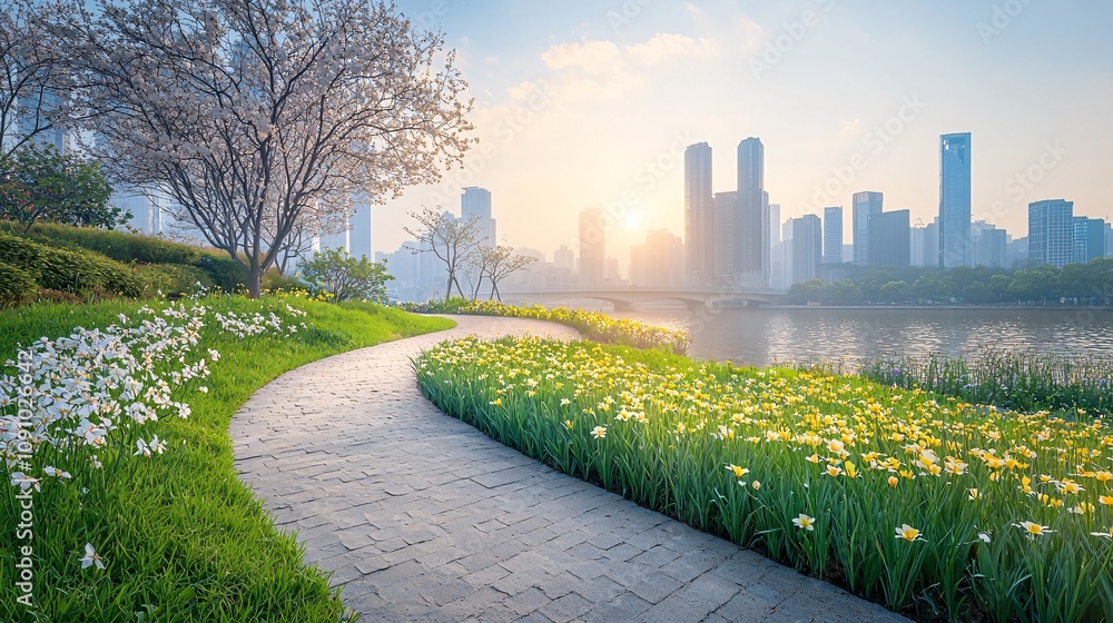 Aufkleber High-resolution view of urban infrastructure including streets bridges and green spaces with clean design elements and side empty space for text Stockphoto style