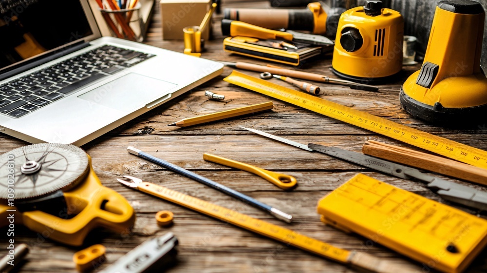Leinwandbilder Blueprint on a table surrounded by drafting tools such as rulers compasses and pencils with a laptop displaying a CAD software screen and side empty space for text Stockphoto style
