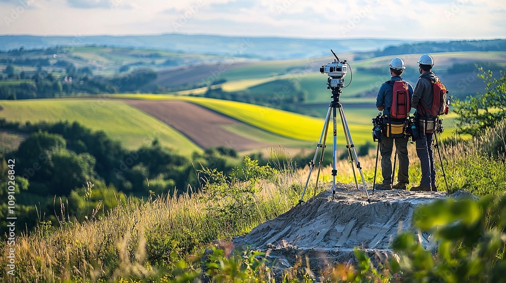 Aufkleber Civil engineering survey team using total stations and GPS tools to map a rugged landscape with visible terrain features and side empty space for text Stockphoto style