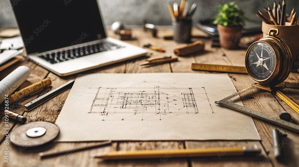 Sticker Blueprint on a table surrounded by drafting tools such as rulers compasses and pencils with a laptop displaying a CAD software screen and side empty space for text Stockphoto style