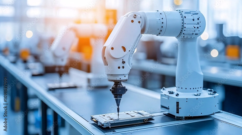 Aufkleber Industrial robotic arms working on an automated assembly line in a high-tech factory with side empty space for text Stockphoto style
